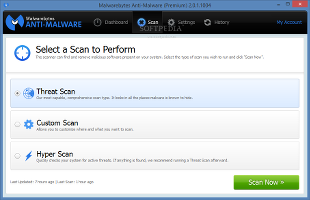Showing the Malwarebytes Anti-Malware Premium scan modes